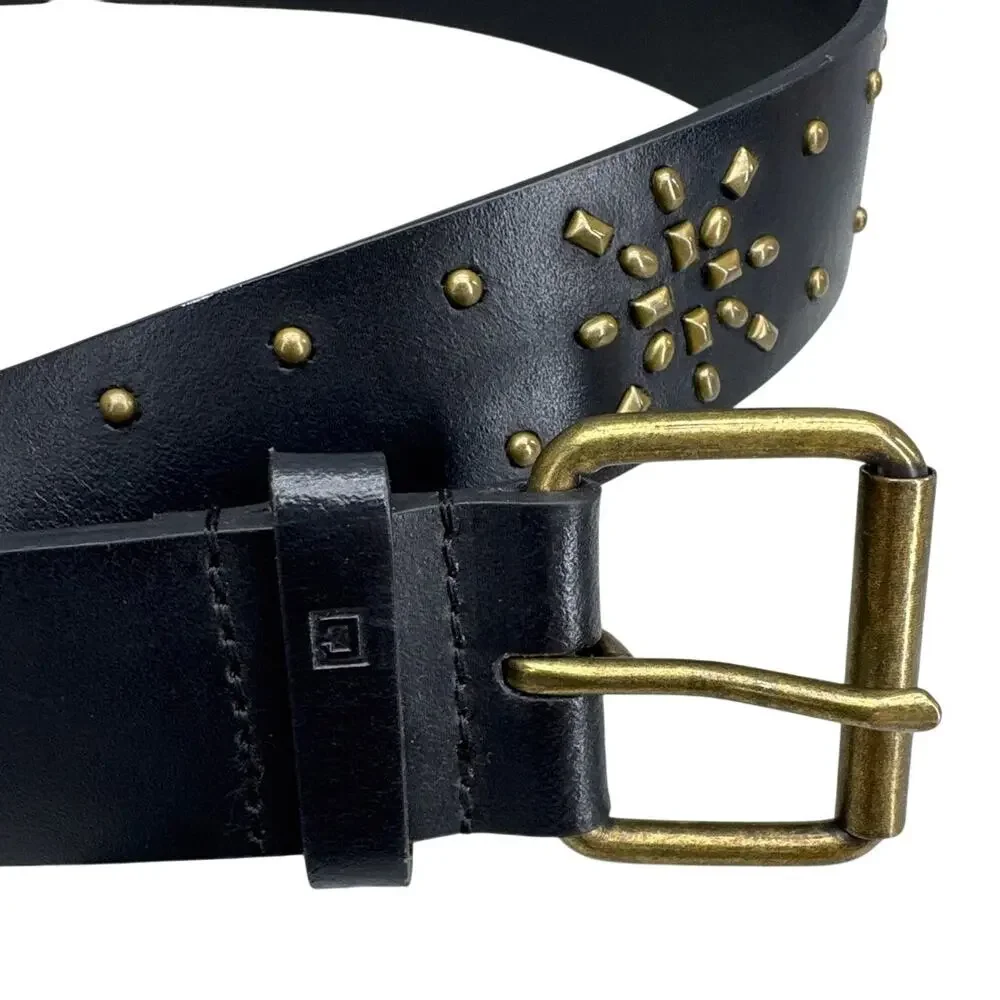 Chaps Black Genuine Leather Studded Bronze Brass Buckle Belt Women Size M